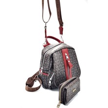 Just Polo Kadın Kahve Kırmızı Monogram Baskılı Sırt Omuz Çantası ve Cüzdan Kombini