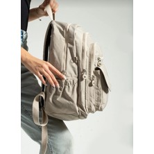 Mega Boy Krem Unisex Ayarlanabilir Ortapedik Askılı Laptop Bölmeli 9 Gözlü Okul Çantası Suni Deri