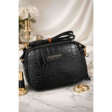 Colorshere Kadın Siyah Kroko Desenligold Püskül Aksesuarlı Ayarlanabilir Askılı Omuz Çantası