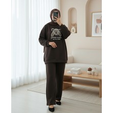 Moda Morfo Ayıcık Baskılı Şardonlu 3 İplik Sweat Takım  -K. Kahve