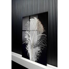KutuTR Siyah Zemin Üzerine Beyaz Makro Kuş Tüyü Temalı Temperli Cam Tablo 50X70 cm 2d Uv Baskı - YCT197