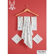 More Home Çok Amaçlı  Müslin Bez Battaniye Set 5 Parça  Mavi Balonlu Tavşanlı