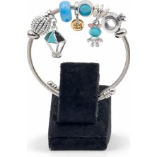 Pangu Turkuaz Balon ve Tavşan Figürlü Gümüş Renk Çelik Charm Bileklik