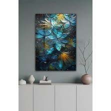 KutuTR Mavi Turkuaz Yaprak Desenli Temperli Cam Tablo 50X70 cm 2d Uv Baskı - YCT083