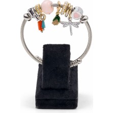 Pangu Pembe Kalp ve Yusufçuk Figürlü Altın Detaylı Gümüş Renk Çelik Charm Bileklik