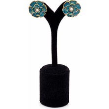 Pangu Altın Renk Çelik Turkuaz Çiçek Küpe