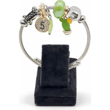 Pangu Yeşil Boncuklu Kaktüs ve Kemik Figürlü Gümüş Renk Çelik Charm Bileklik