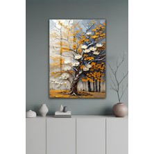 KutuTR Yağlı Boya Dokulu Çiçekli Ağaç Tasarımlı Temperli Cam Tablo 50X70 cm 2d Uv Baskı - YCT112
