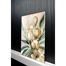KutuTR Beyaz Tomurcuk Çiçek ve Yeşil Yaprak Temalı Temperli Cam Tablo 50X70 cm 2d Uv Baskı - YCT267