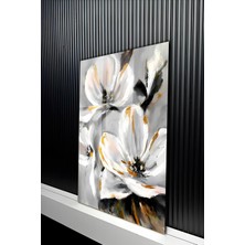 KutuTR Yağlı Boya Beyaz ve Gold Detaylı Soyut Çiçekli Temperli Cam Tablo 50X70 cm 2d Uv Baskı - YCT206