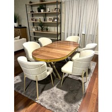 Msy Home  Serya Ceviz Oval Masa Gold Ayak Yönsüz Kumaş Modern ve Şık Yemek Odası Takımı