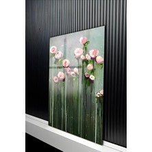 KutuTR Yağlı Boya Yeşil Zemin Üzeri Pembe Gül Desenli Temperli Cam Tablo 50X70 cm 2d Uv Baskı - YCT221