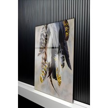 KutuTR Altın Varak Detaylı ve Egzotik Kuş Tüyü Tasarımlı Temperli Cam Tablo 50X70 cm 2d Uv Baskı - YCT291