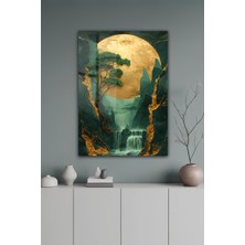 KutuTR Altın Ay ve Şelale Manzaralı Yeşil Doğa Temalıtemperli Cam Tablo 50X70 cm 2d Uv Baskı - YCT075