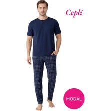 Bie's Erkek Mavi Modal 3 Düğmeli Ekose Desen Pamuk Likra Kısa Kol Cepli Pijama Takımı