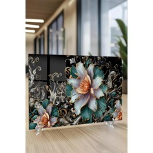 KutuTR Turkuaz ve Altın Detaylı Çiçek Desenli Temperli Cam Tablo 50X70 cm 2d Uv Baskı - YCT019
