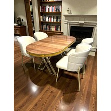 Msy Home  Serya Ceviz Oval Masa Gold Ayak Yönsüz Kumaş Modern ve Şık Yemek Odası Takımı