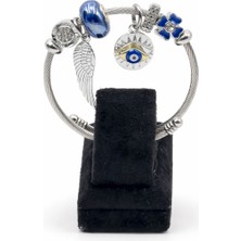 Pangu Nazar Boncuklu Göz ve Kanat Figürlü Gümüş Renk Çelik Charm Bileklik