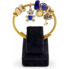 Pangu Mavi Taşlı Ayıcıklı Anahtar Figürlü Altın Renk Çelik Charm Bileklik