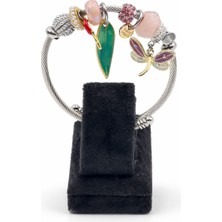 Pangu Yeşil Yaprak & Yusufçuk Figürlü Pembe Taş Detaylı Gümüş Renk Çelik Charm Bileklik