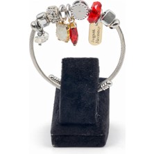 Pangu Beyaz Kedi Figürlü Kırmızı Kristal Taş Detaylı Gümüş Renk Çelik Charm Bileklik