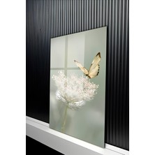 KutuTR Oft Yeşil Zemin Üzeri Çiçek ve Kelebek Temalı Temperli Cam Tablo 50X70 cm 2d Uv Baskı - YCT235