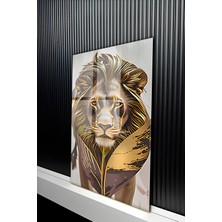 KutuTR Altın Detaylı ve Görkemli Aslan Portresi Temalı Temperli Cam Tablo 50X70 cm 2d Uv Baskı - YCT141