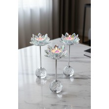 Furkan Kristal Damlalı Küre Taşlı 3'lü Cam Mumluk Şamdanlık Seti Gümüş