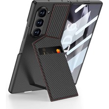 Galaxy Z Fold 6 Kılıf Karbon Fiber Kartlıklı Gnst Kıpta Dik Açılan Kartlıklı Kapak-Siyah