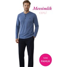 Bie's Erkek Mavi 3 Düğmeli %100 Pamuk Mevsimlik Geniş Kalıp Uzun Kol Cepli Pijama Takımı