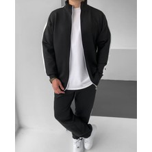 Comstar Erkek Çizgili Fermuarlı Sweatshirt Bol Eşofman Siyah Ikili Takım