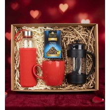 Kırmızı Matara & Kırmızı Kupa Bardak & Aromalı Çay & French Press Hediye Seti
