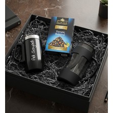 Kişiye Özel Siyah Bardak Termos & Beta Tea Çay & French Press Hediye Seti