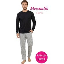 Bie's Erkek Siyah-Beyaz Bisiklet Yaka Düğmesiz Çizgili Jakar Kumaş Mevsimlik Uzun Kol Cepli Pijama Takımı