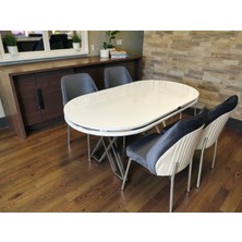 Msy Home Milano Krom Serisi Oval Beyaz Lake Masa Yönsüz Kumaş Modern ve Şık Yemek Takımı