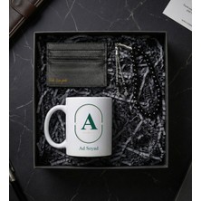 Kişiye Özel Harf Tasarım Beyaz Kupa & Kartlık & Tespih Erkeğe Hediye Seti