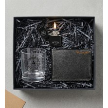 Kişiye Özel Viski Bardağı & Benzinli Çakmak & Cüzdan Erkeğe Hediye Seti