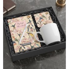 Kişiye Özel Kuş Motifli Defter & Beyaz Touchpen & Beyaz Kupa Bardak & Kuş Motifli Bardak Altlığı Hediye Seti