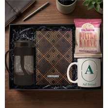 Kişiye Özel Gold Defter & Baskılı Kupa & French Press & Filtre Kahve Hediye Seti