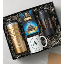 Kişiye Özel Gold Geometrik Termos & Baskılı Kupa & French Press & Aromalı Çay Hediye Seti