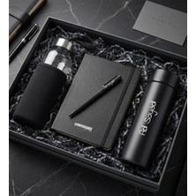 Kişiye Özel Dereceli Termos & Kılıflı Cam Matara & Siyah Defter & Roller Kalem Premium Ofis Hediye Seti