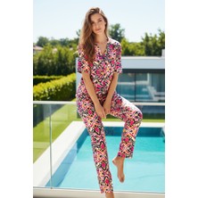Remsa Kadın Desenli Kısa Kol Likralı Viskon Pijama Takımı 0304 Ekru