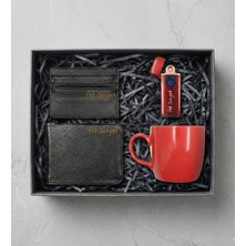 Kişiye Özel Kırmızı USB Çakmak & Erkek Cüzdan & Kartlık & Kırmızı Kupa Erkeğe Hediye Seti