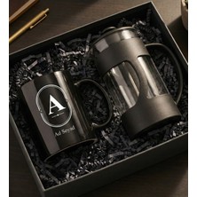 Kişiye Özel Baskılı Siyah Porselen Kupa Bardak & French Press Hediye Seti