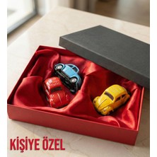Özel Kutusunda Kişiye Özel 3 Renk Metal Vosvos Araba Hediye Seti  7X4CM