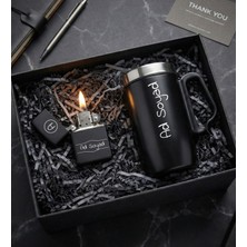 Kişiye Özel Isim Baskılı Siyah Bardak Termos & Kişiye Özel Benzinli Çakmak Hediye Seti