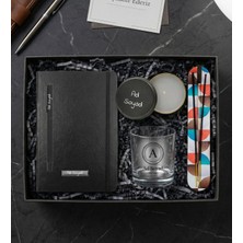 Kişiye Özel Baskılı Su Bardağı & Siyah Defter & Kalem & Metal Kutulu Mum & Tütsü Hediye Seti
