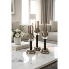 Furkan Metal Kristal Taşlı Bronz 3'lü Cam Mumluk Şamdanlık Seti