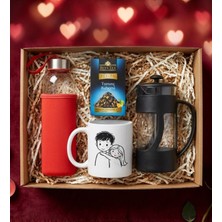 Kırmızı Matara & Çiftlere Özel Sevgili Tasarımı Baskılı Kupa & Aromalı Çay & French Press Hediye Seti
