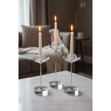 Furkan Kristal Taşlı 3'lü Cam Mumluk Şamdanlık Seti Gümüş